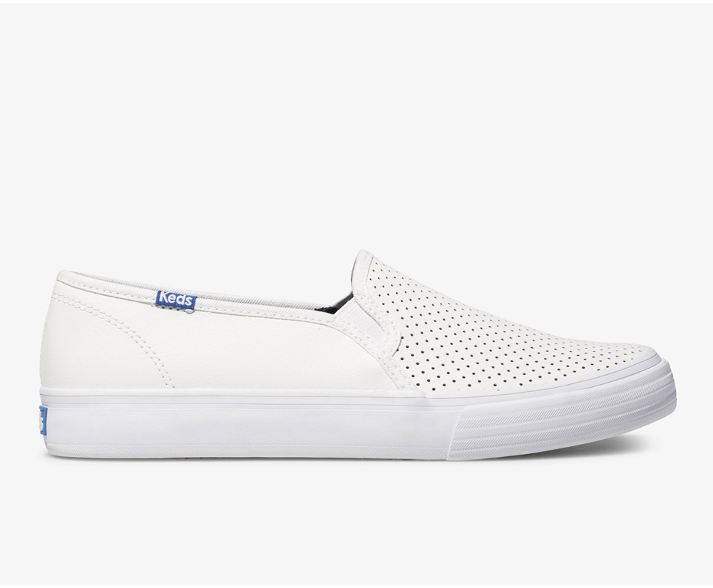 Slip On Γυναικεια - Keds Double Decker Perf Δερματινα - Λευκα - LECVY2160